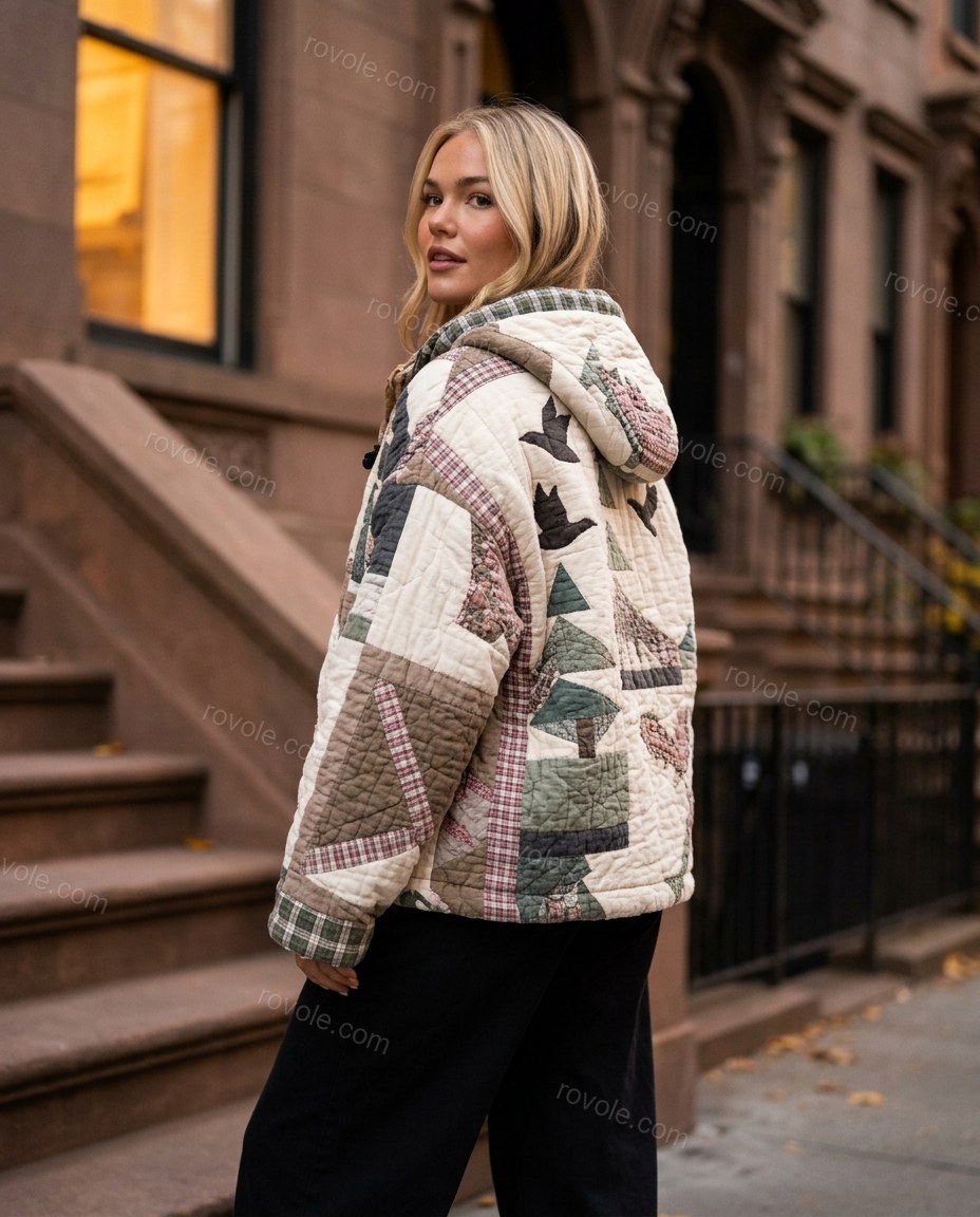 Cream Patchwork Cotton Jacket, walking lifestyle view, by rovole.com