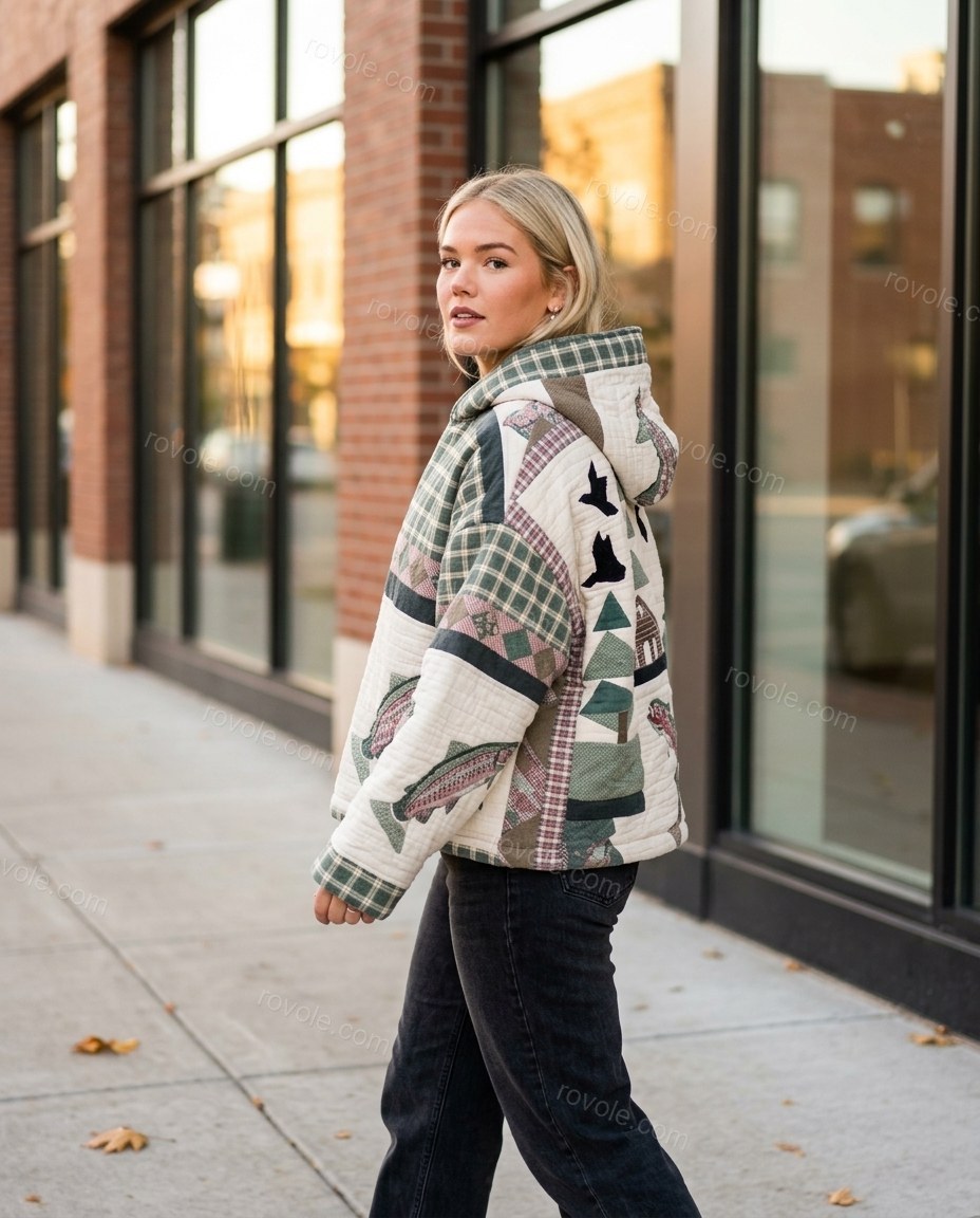 Cream Patchwork Cotton Jacket, alternate use-case lifestyle view, by rovole.com