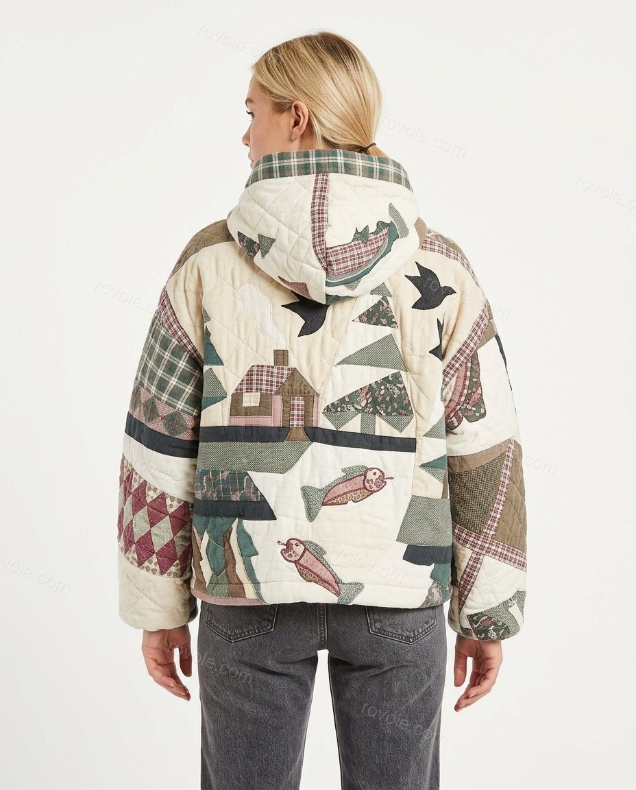 Cream Patchwork Cotton Jacket, back studio view, by rovole.com