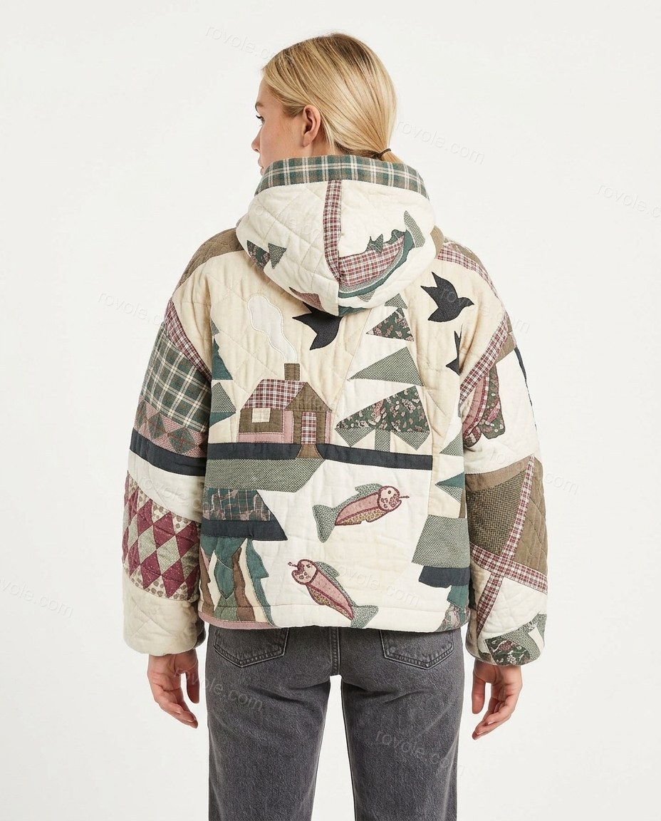 Cream Patchwork Cotton Jacket, back studio view, by rovole.com