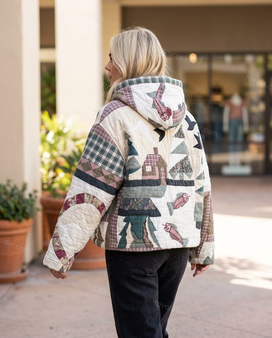 Cream Patchwork Cotton Jacket, movement and fit lifestyle view, by rovole.com
