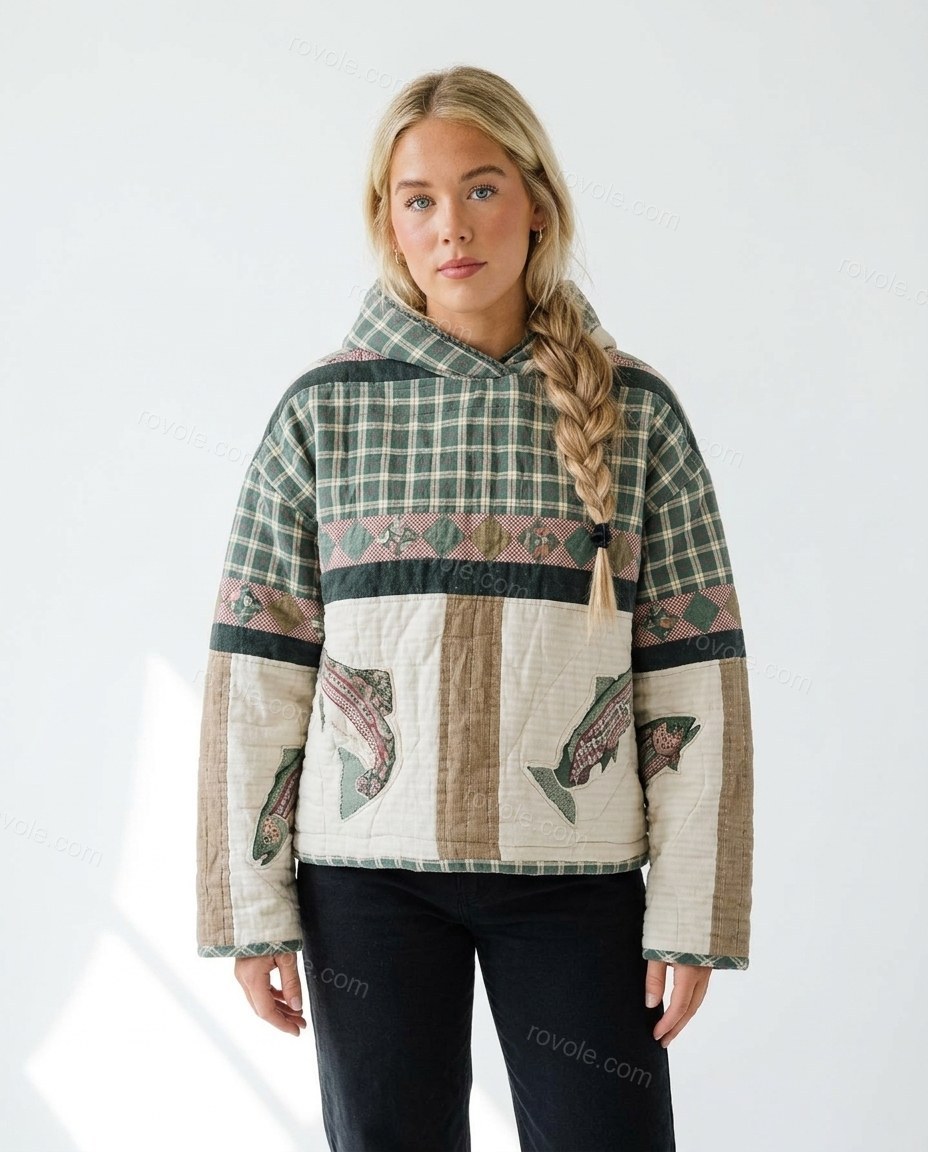 Cream Patchwork Cotton Jacket, front studio view, by rovole.com