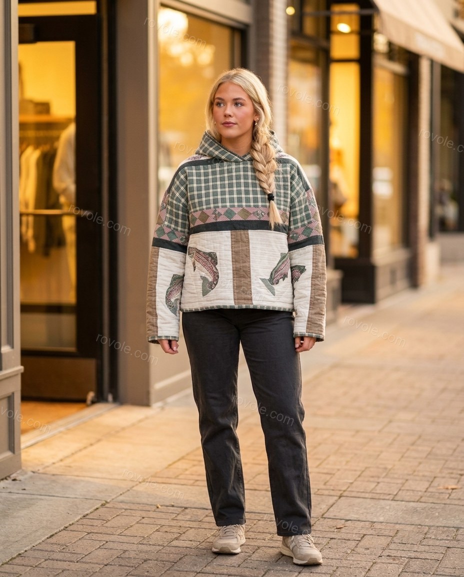 Cream Patchwork Cotton Jacket, three-quarter brand lifestyle view, by rovole.com