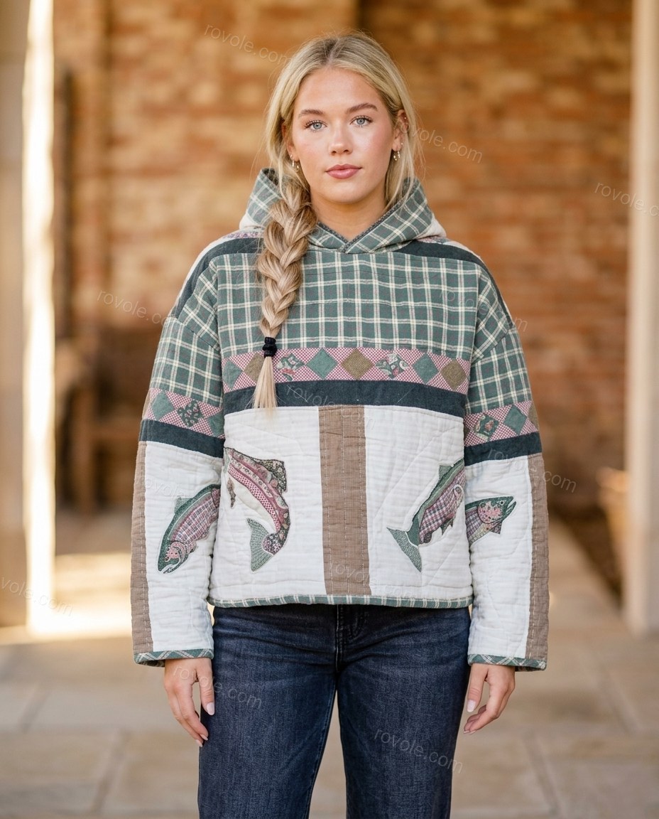 Cream Patchwork Cotton Jacket, full-length hero view, by rovole.com