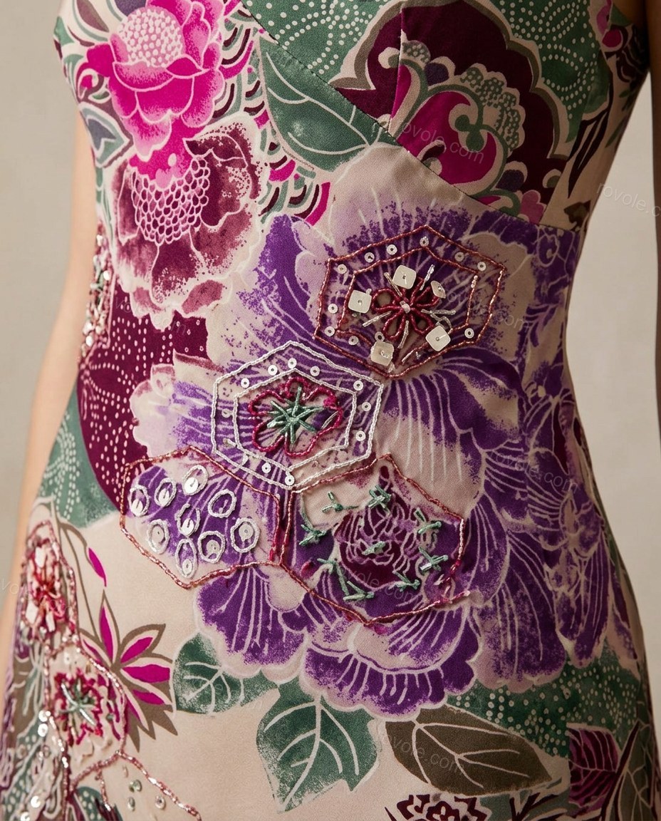 Beige Floral Mini Asymmetric Dress, close-up of floral, by rovole.com