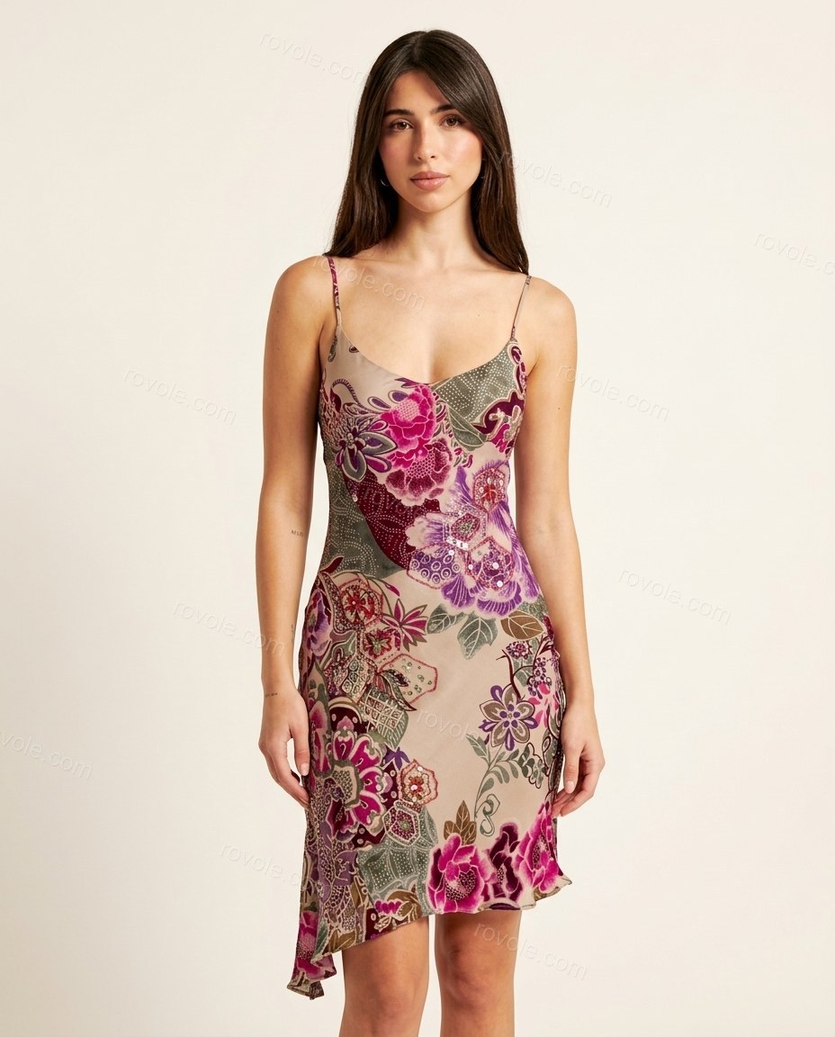 Beige Floral Mini Asymmetric Dress, front studio view, by rovole.com