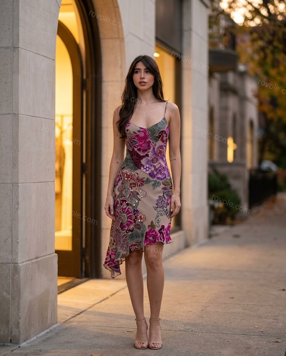 Beige Floral Mini Asymmetric Dress, three-quarter brand lifestyle view, by rovole.com