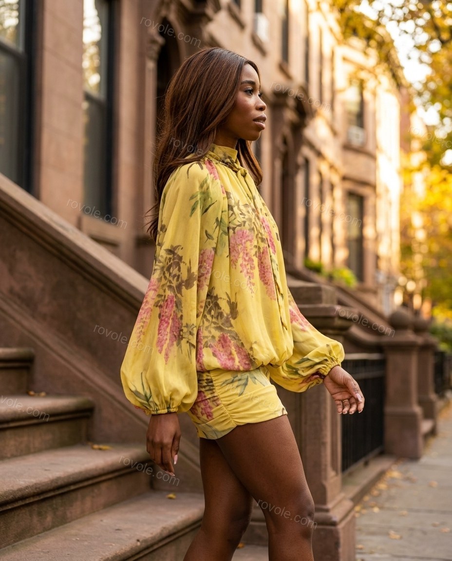 Yellow Floral Mini Open-Back Dress, walking lifestyle view, by rovole.com