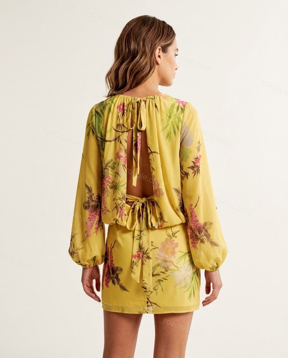 Yellow Floral Mini Open-Back Dress, back studio view showing open back with tie closure, by rovole.com