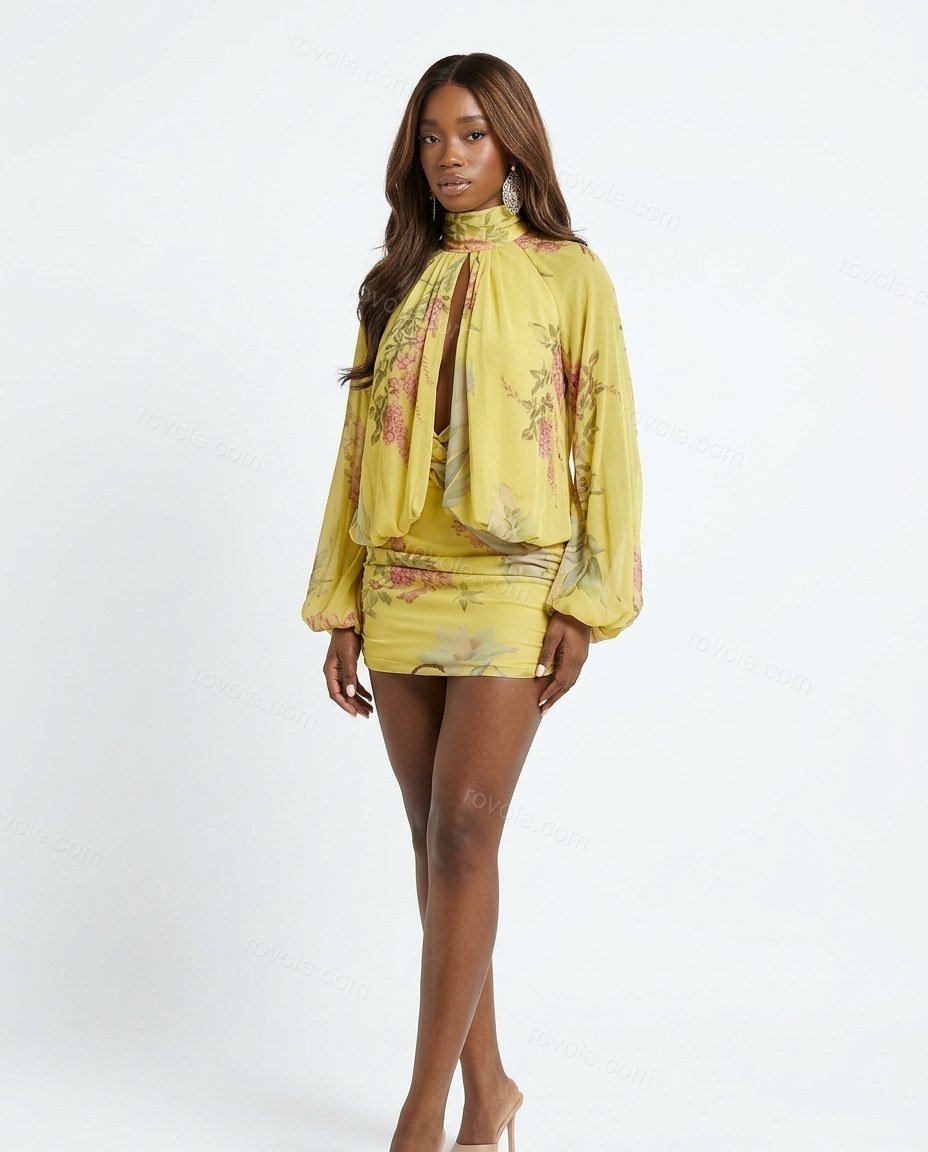 Yellow Floral Mini Open-Back Dress, front studio view, by rovole.com