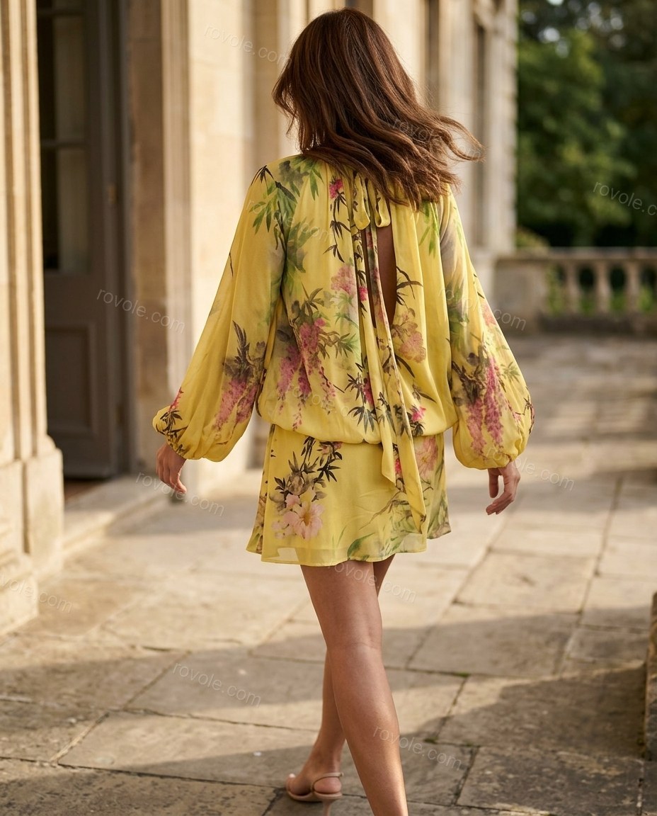 Yellow Floral Mini Open-Back Dress, movement and fit lifestyle view, by rovole.com