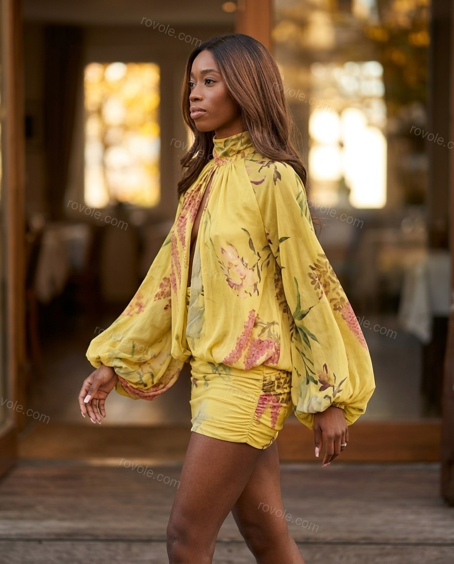 Yellow Floral Mini Open-Back Dress, alternate use-case lifestyle view, by rovole.com