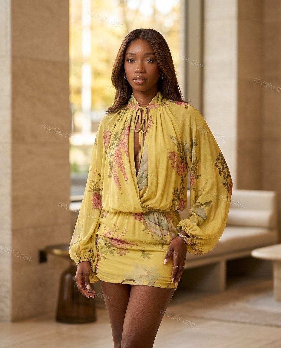 Yellow Floral Mini Open-Back Dress, full-length hero view, by rovole.com