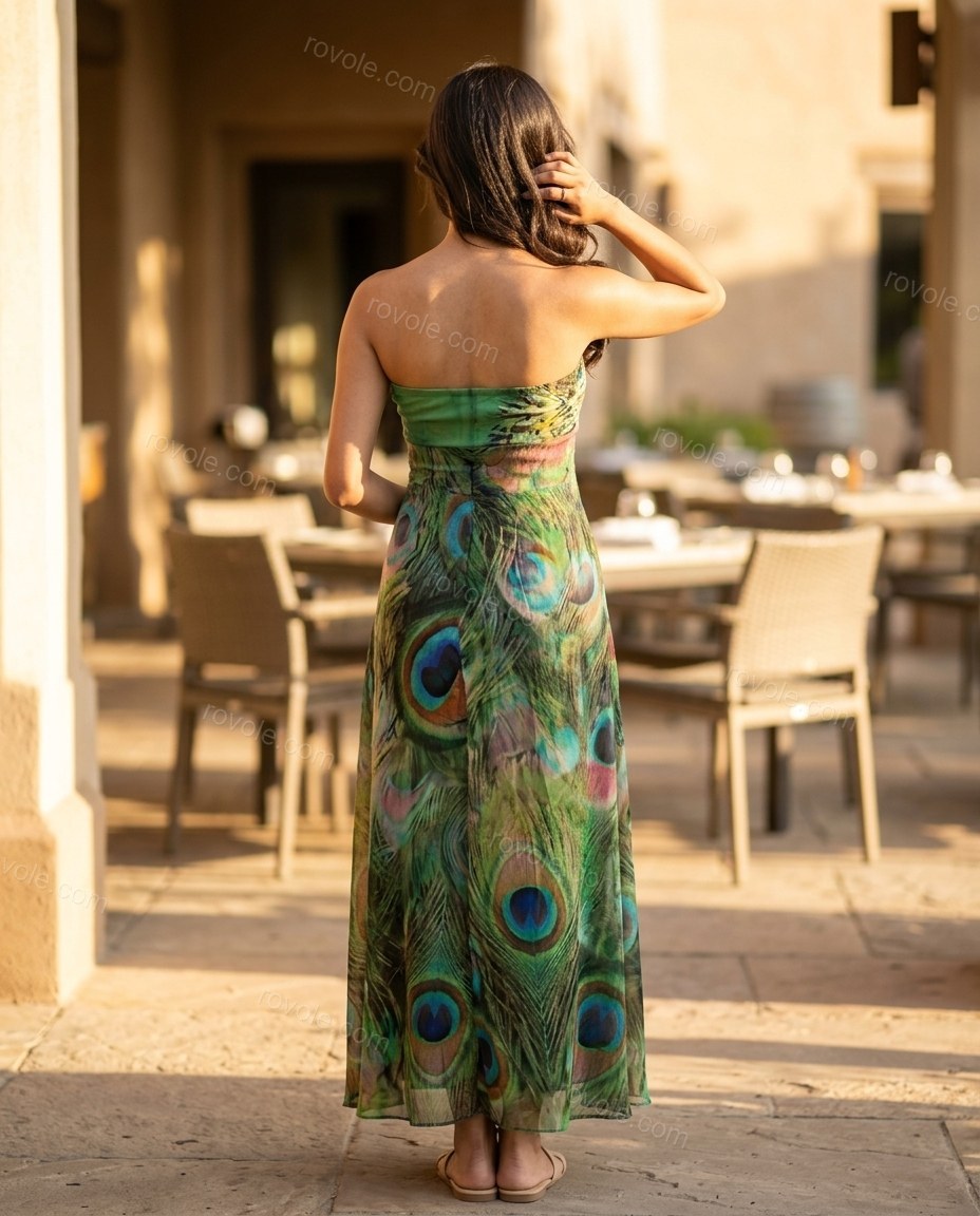 Green Maxi Strapless Feather-Trim Dress, alternate use-case lifestyle view, by rovole.com