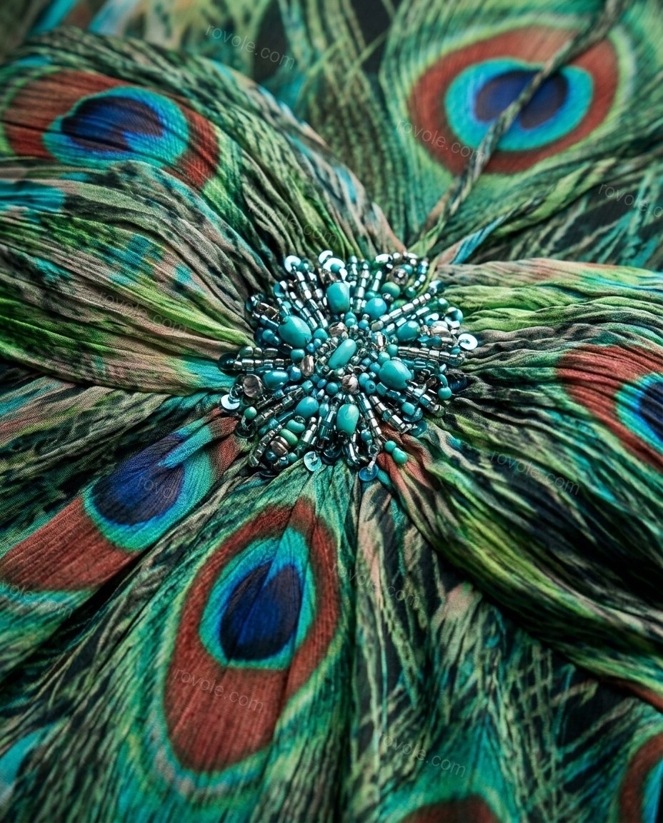 Green Maxi Strapless Feather-Trim Dress, close-up of teal and blue accents, gathered bust and embellished bust, by rovole.com