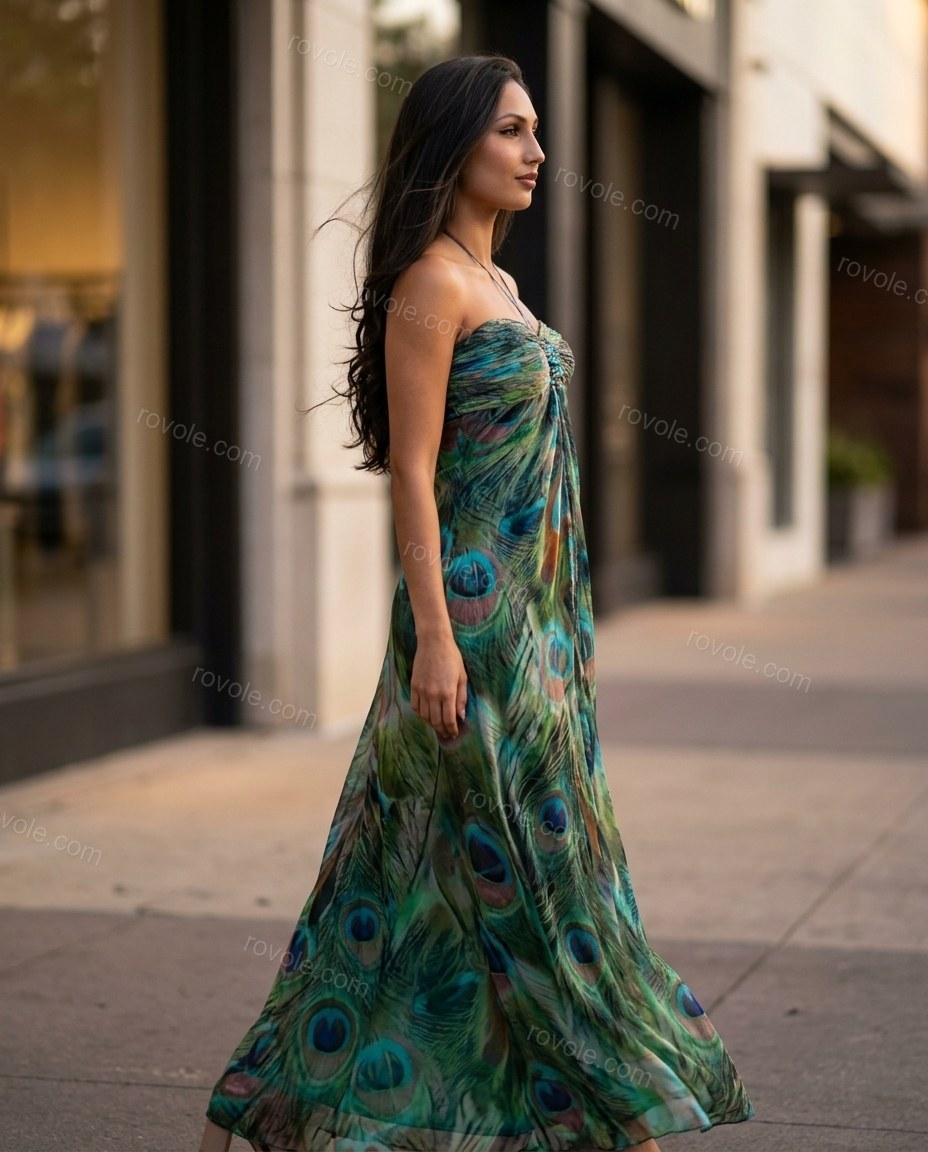 Green Maxi Strapless Feather-Trim Dress, movement and fit lifestyle view, by rovole.com