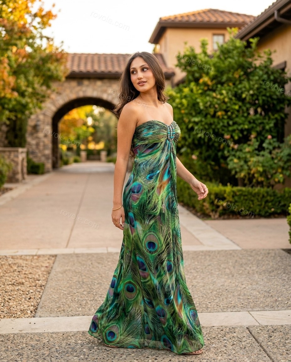Green Maxi Strapless Feather-Trim Dress, walking lifestyle view, by rovole.com