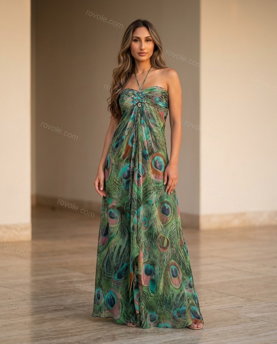 Green Maxi Strapless Feather-Trim Dress, full-length hero view, by rovole.com