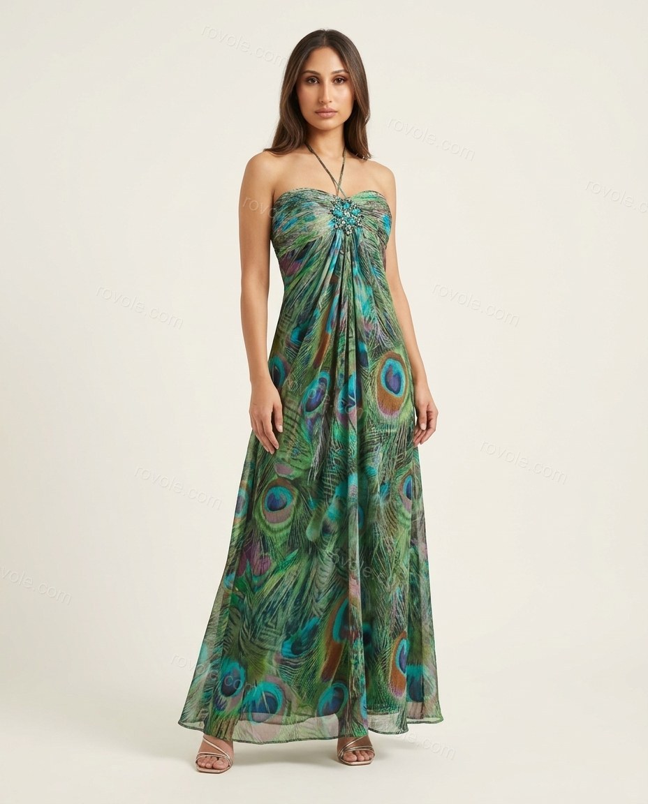 Green Maxi Strapless Feather-Trim Dress, front studio view, by rovole.com