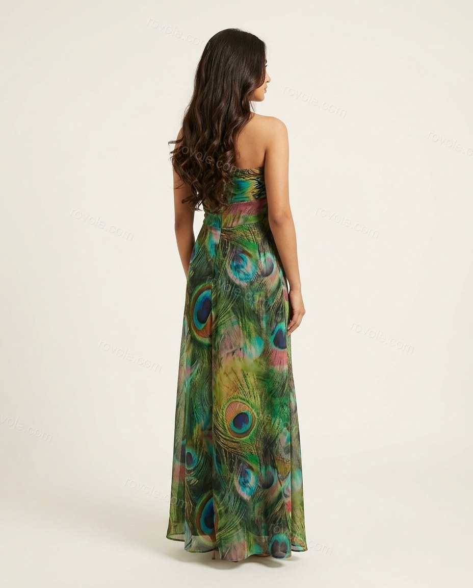 Green Maxi Strapless Feather-Trim Dress, back studio view showing strapless, smooth back with continuous peacock print, by rovole.com