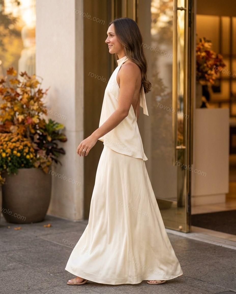 Cream Maxi Open-Back Halter Top & Skirt Set, walking lifestyle view, by rovole.com