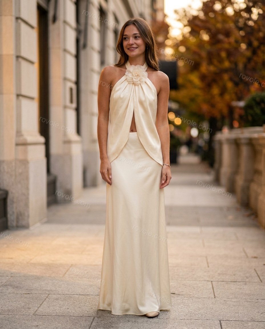 Cream Maxi Open-Back Halter Top & Skirt Set, full-length hero view, by rovole.com