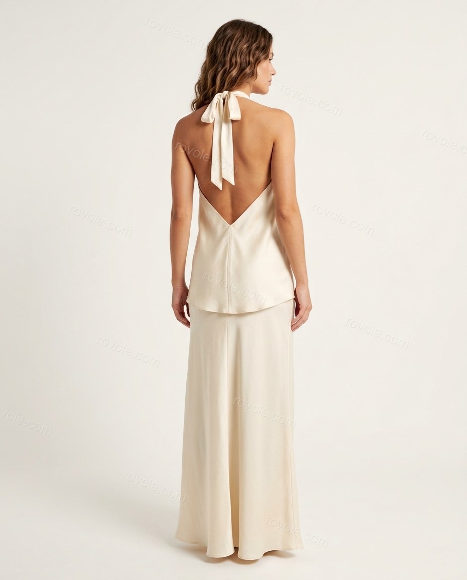 Cream Maxi Open-Back Halter Top & Skirt Set, back studio view showing open back with a v-shape, by rovole.com