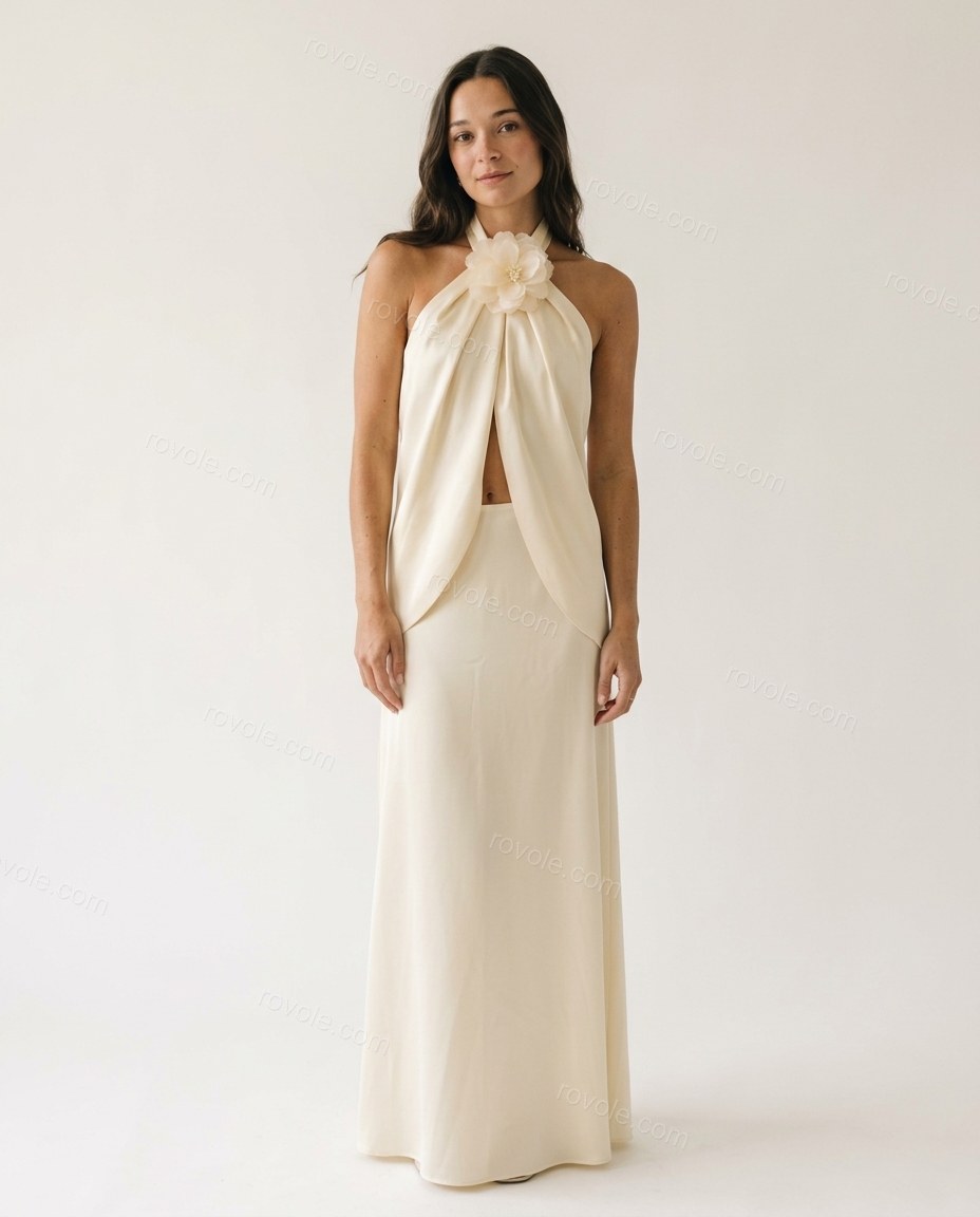 Cream Maxi Open-Back Halter Top & Skirt Set, front studio view, by rovole.com