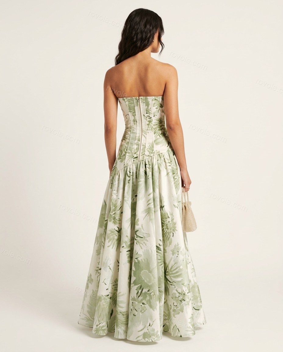 White Floral Maxi Dress, back studio view showing fitted back with a zipper, by rovole.com