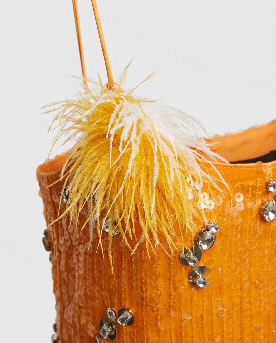 Orange Mini Feather-Trim Dress, close-up of silver and white accents, spaghetti straps and side slits, by rovole.com
