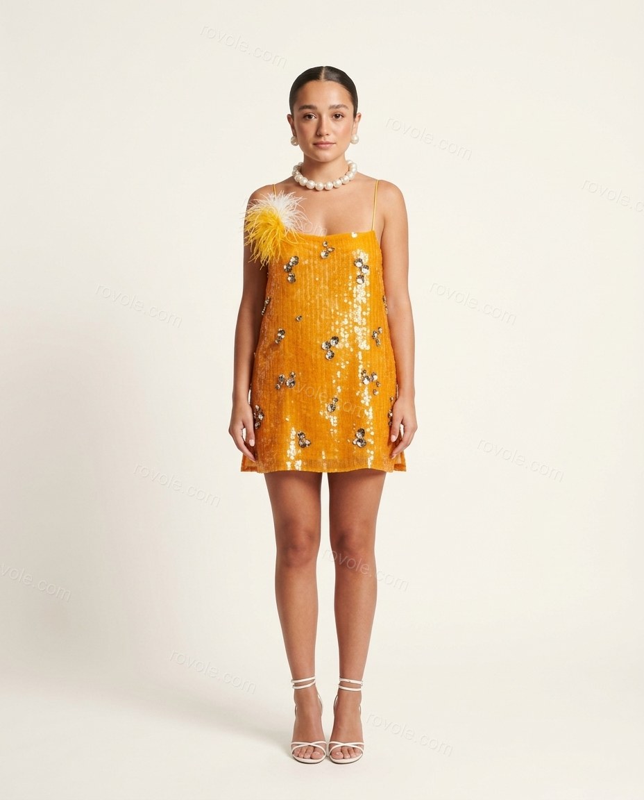 Orange Mini Feather-Trim Dress, front studio view, by rovole.com