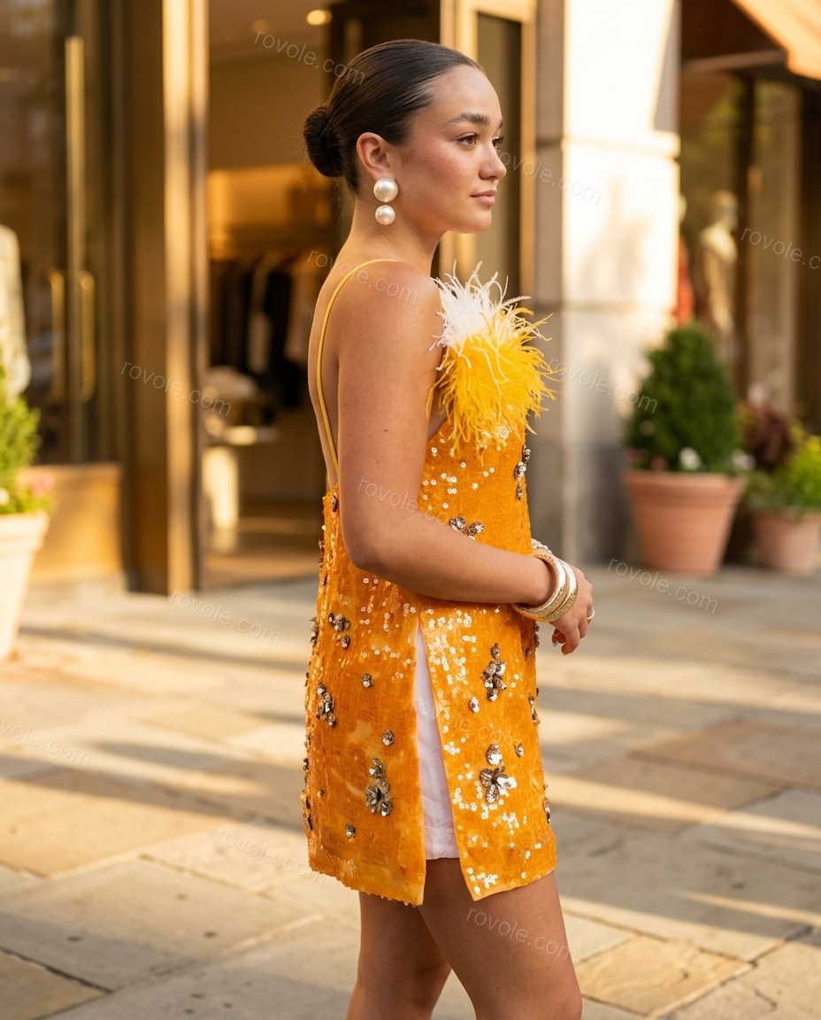 Orange Mini Feather-Trim Dress, walking lifestyle view, by rovole.com