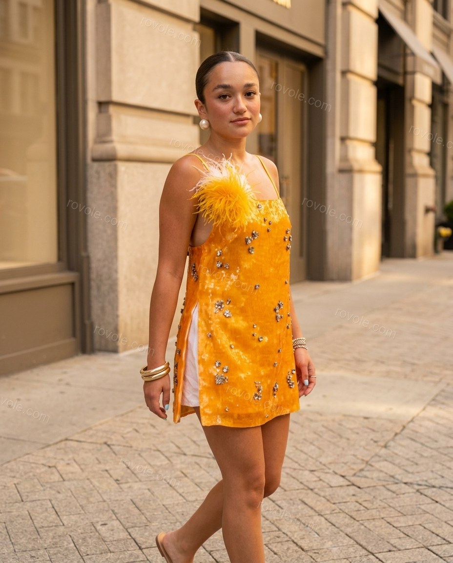 Orange Mini Feather-Trim Dress, movement and fit lifestyle view, by rovole.com