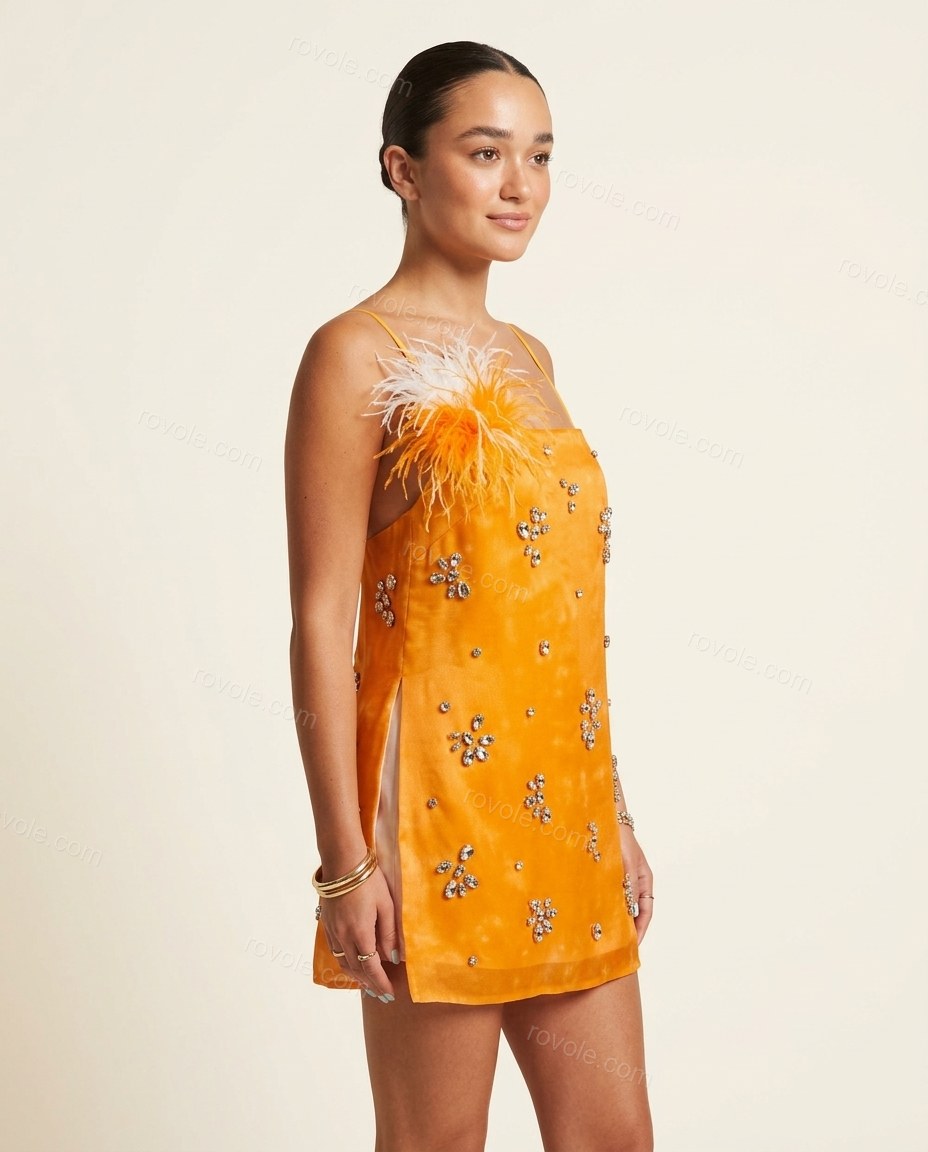 Orange Mini Feather-Trim Dress, side and back studio view, by rovole.com