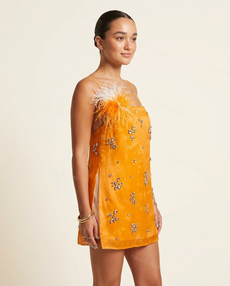 Orange Mini Feather-Trim Dress, side and back studio view, by rovole.com