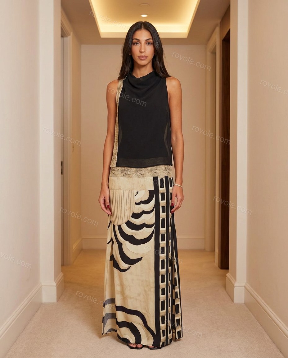 Black Abstract Maxi Cowl-Neck Dress, full-length hero view, by rovole.com