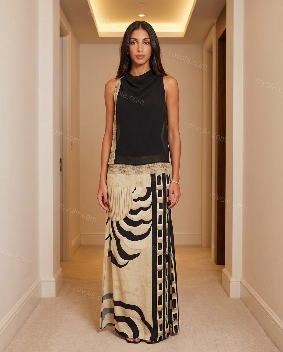 Black Abstract Maxi Cowl-Neck Dress, full-length hero view, by rovole.com