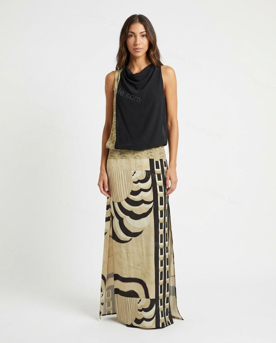 Black Abstract Maxi Cowl-Neck Dress, front studio view, by rovole.com