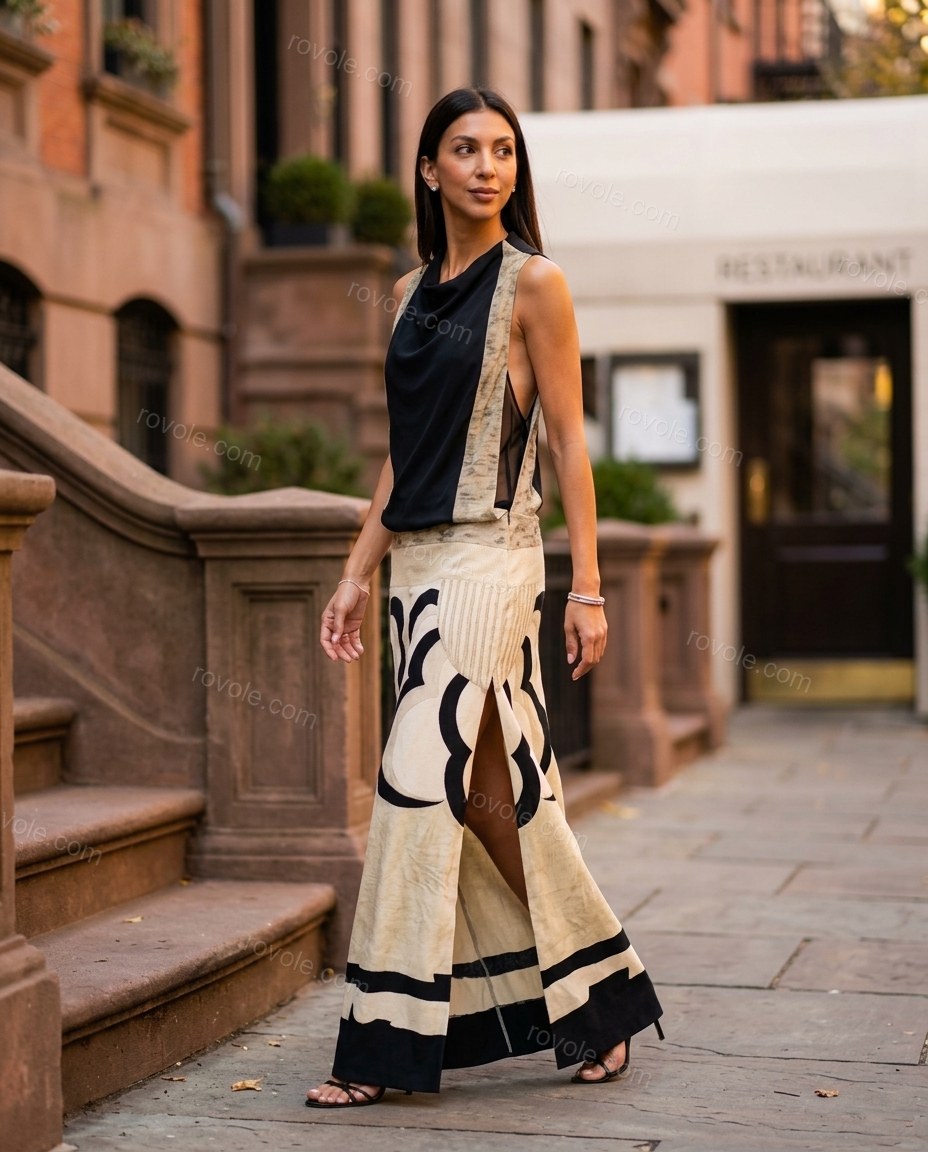 Black Abstract Maxi Cowl-Neck Dress, alternate use-case lifestyle view, by rovole.com