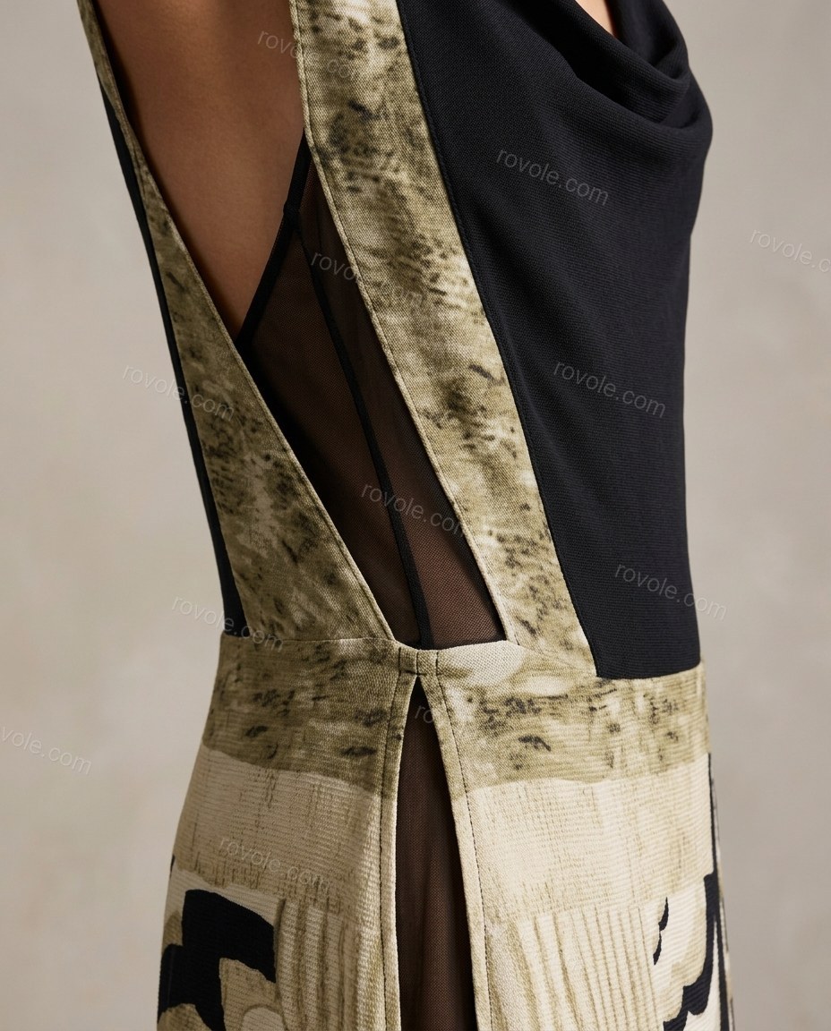 Black Abstract Maxi Cowl-Neck Dress, close-up of abstract, by rovole.com