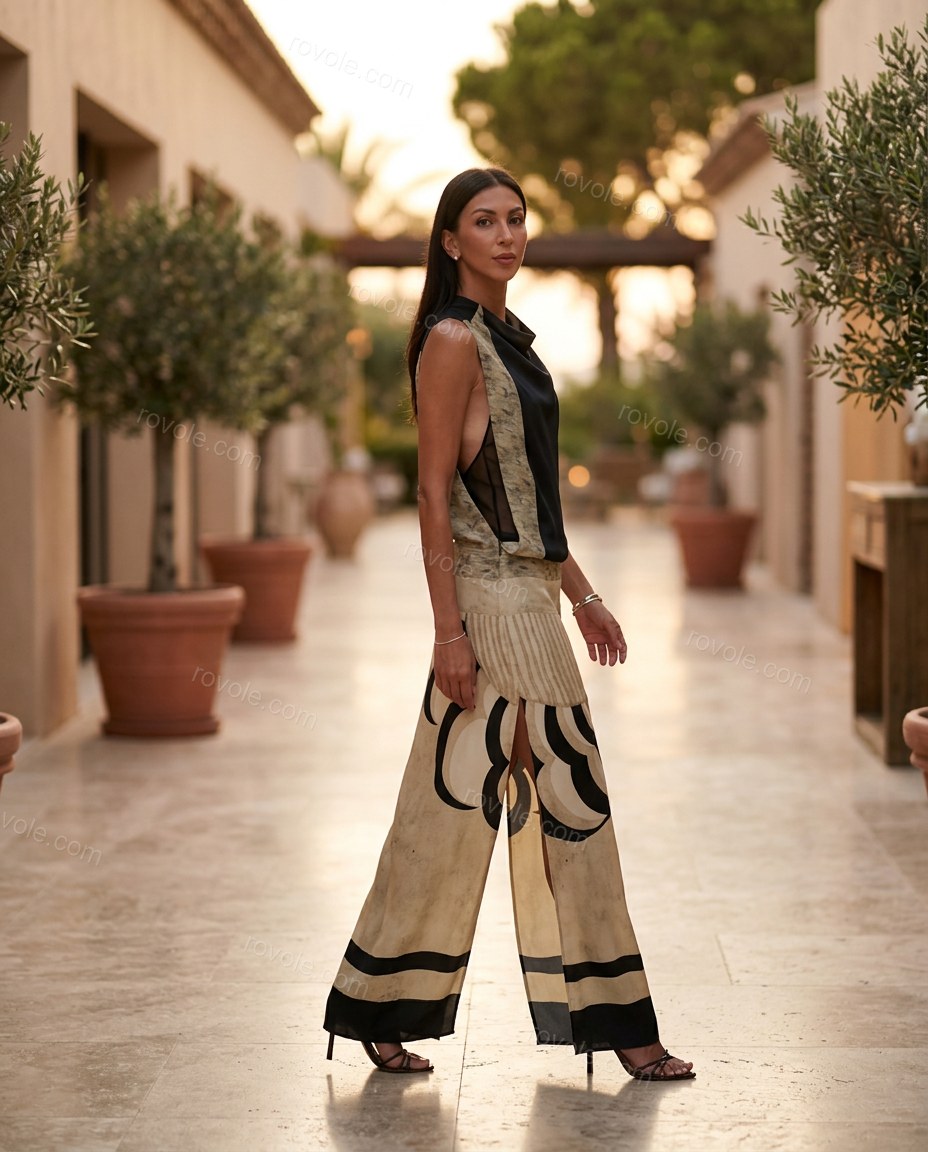 Black Abstract Maxi Cowl-Neck Dress, movement and fit lifestyle view, by rovole.com