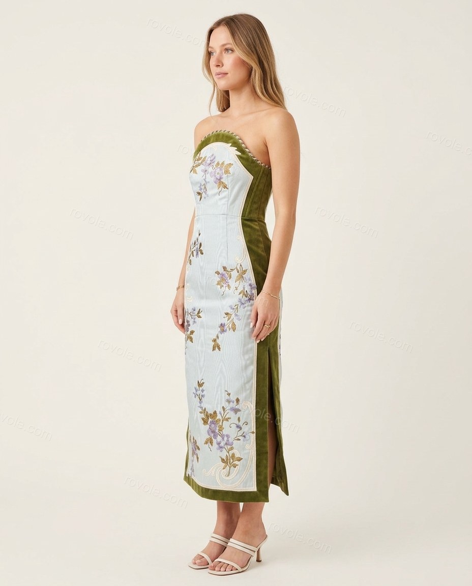 Light Blue Floral Midi Strapless Dress, side and back studio view, by rovole.com