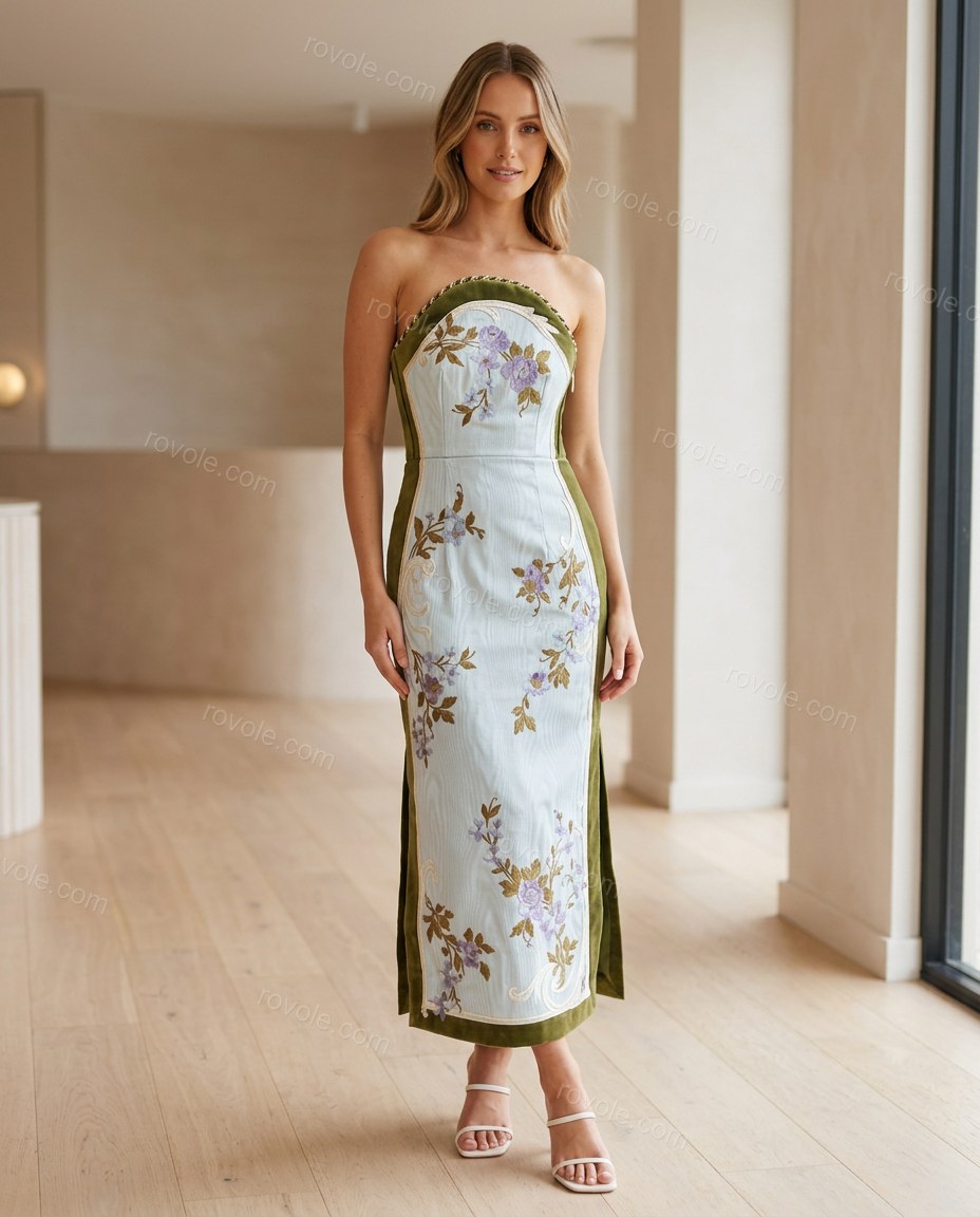 Light Blue Floral Midi Strapless Dress, full-length hero view, by rovole.com