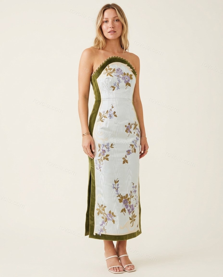 Light Blue Floral Midi Strapless Dress, front studio view, by rovole.com