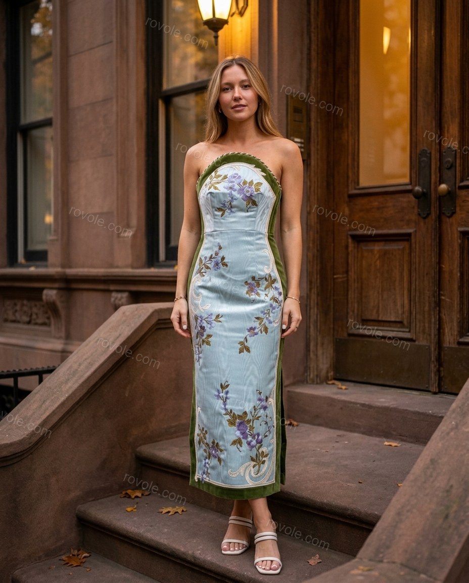 Light Blue Floral Midi Strapless Dress, three-quarter brand lifestyle view, by rovole.com