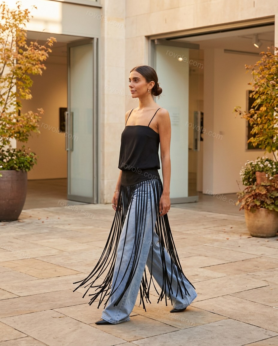 Light Blue Striped Fringe Camisole & Pants Set, walking lifestyle view, by rovole.com