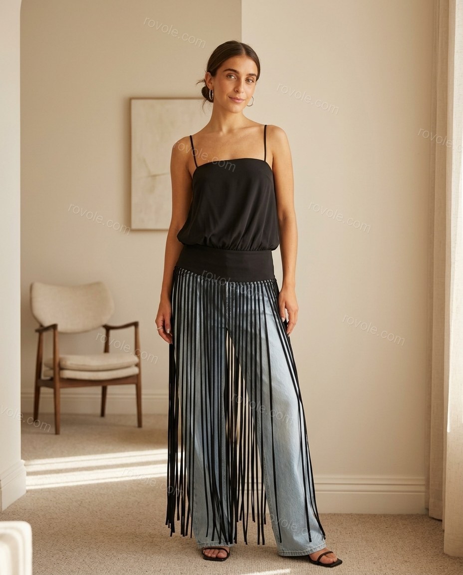 Light Blue Striped Fringe Camisole & Pants Set, full-length hero view, by rovole.com