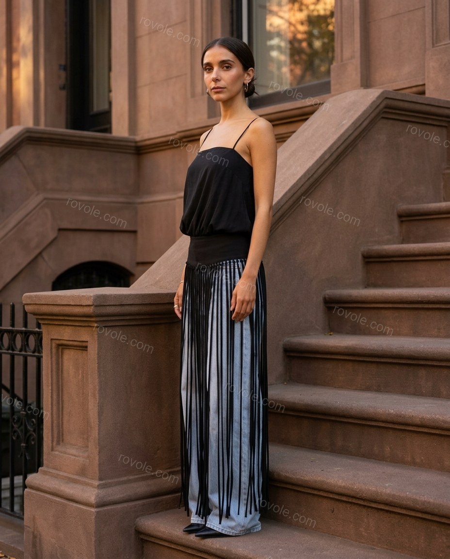 Light Blue Striped Fringe Camisole & Pants Set, three-quarter brand lifestyle view, by rovole.com