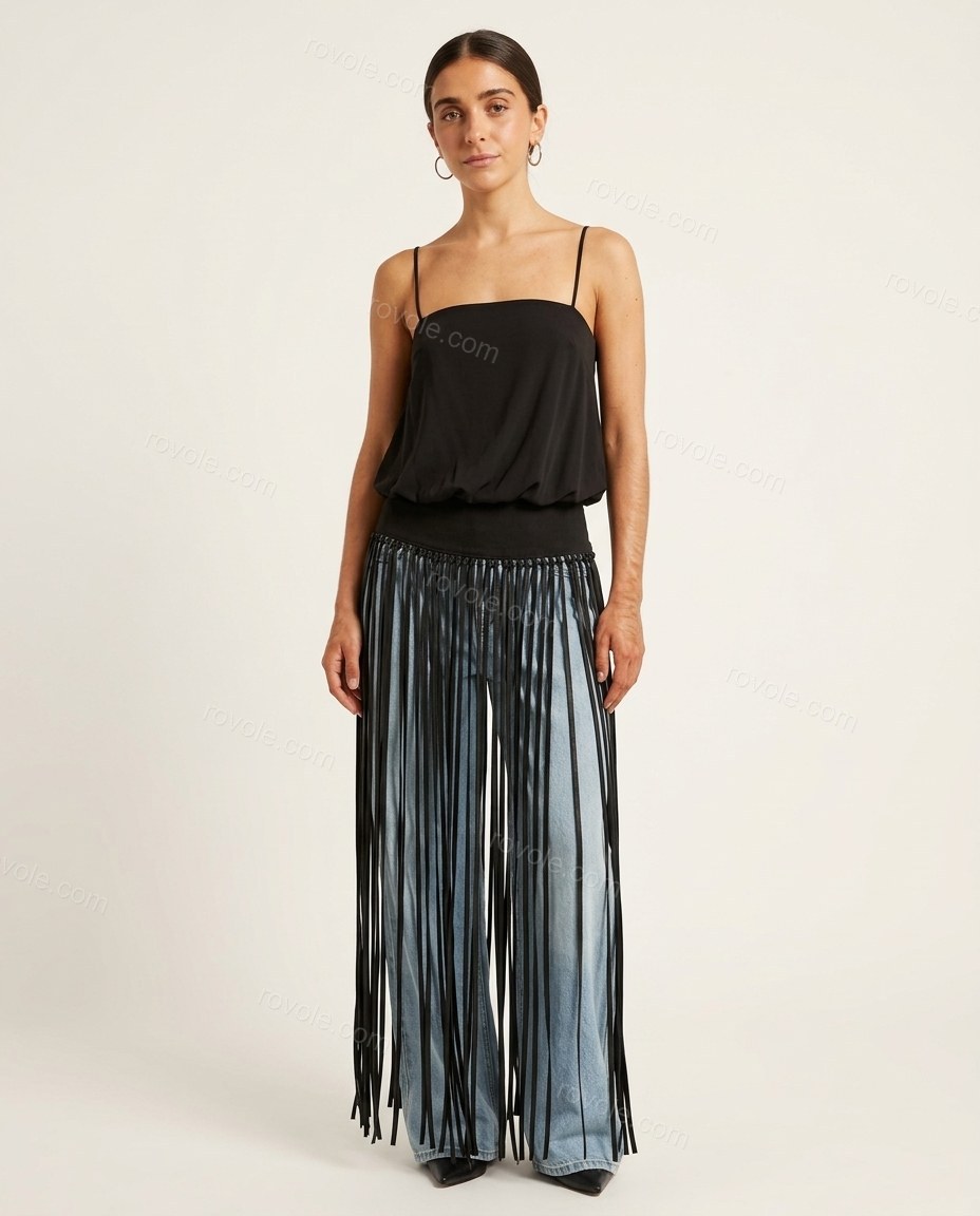 Light Blue Striped Fringe Camisole & Pants Set, front studio view, by rovole.com