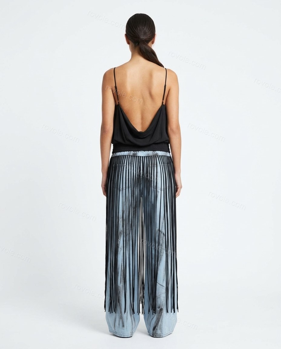 Light Blue Striped Fringe Camisole & Pants Set, back studio view showing spaghetti straps, blouson effect above a fitted band, by rovole.com